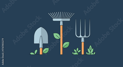 Vector illustration of gardening tools: a shovel, a rake, and a pitchfork with growing plants on a dark teal background.