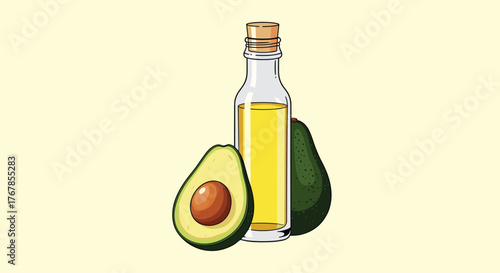 Illustration of a bottle of avocado oil next to a whole avocado and a halved avocado.