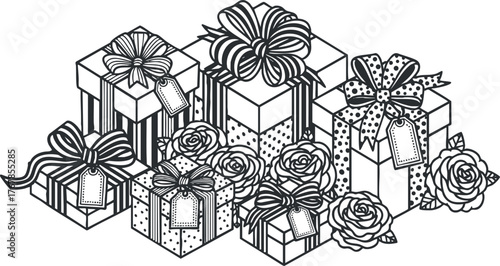 A collection of beautifully wrapped gift boxes with ribbons and floral decorations.