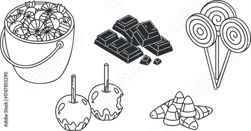 A collection of sweet treats including candy apples, chocolate, lollipops, and candy corn.