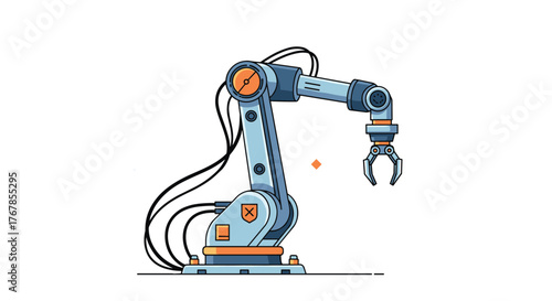 Illustration of an industrial robotic arm featuring a mechanical claw and visible wires on a white background, ready to automate tasks.