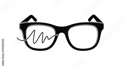 Black silhouette of thick-rimmed glasses with a wavy line drawn on the left lens.