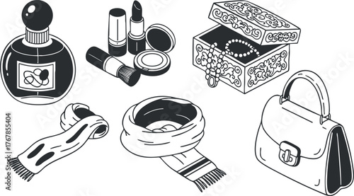 A stylish collection of beauty and fashion accessories including perfume, makeup, and handbags.