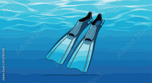 A pair of blue swim fins floating underwater in clear blue ocean water with rippling surface effects.