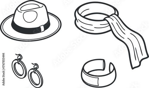 A collection of fashionable accessories including a hat scarf earrings and a bracelet