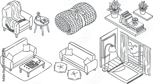 A cozy interior illustration featuring modern furniture and decorative elements for home design.