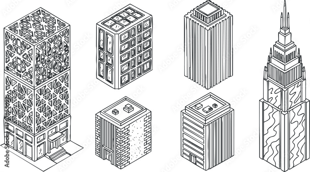 Fototapeta premium A collection of various building designs in a minimalist outline style showcasing urban architecture.