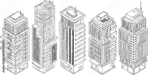 Illustration of five modern skyscrapers showcasing diverse architectural styles and designs.