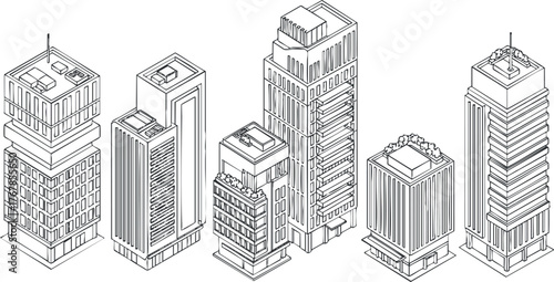 A detailed line art illustration of modern skyscrapers showcasing urban architecture and design.