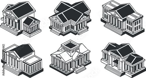 A collection of six diverse museum building illustrations showcasing various architectural styles and designs.