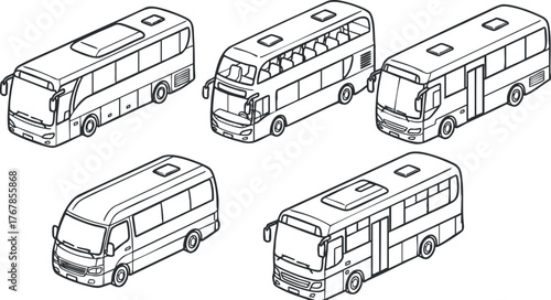 Illustration of various bus designs including city bus, shuttle, and minibus models.