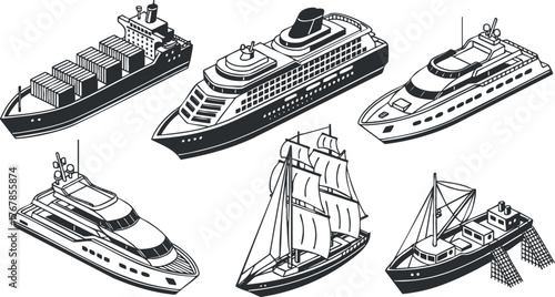 Illustration of various types of ships including cargo, cruise, sailboat, and luxury yachts.