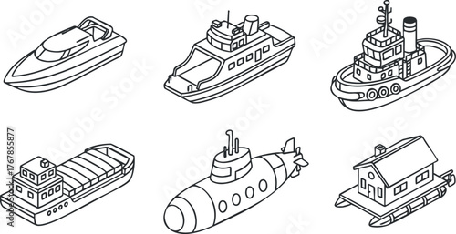A collection of hand-drawn boats and ships including a yacht, submarine, and tugboat.