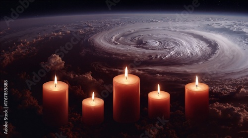 A burning candle flame and glow light up a hurricane storm over earth from space.