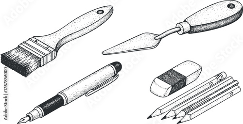 A collection of artistic tools including a brush, palette knife, pen, eraser, and pencils.