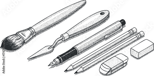 A collection of artistic tools including brushes pens pencils and erasers for creative projects.