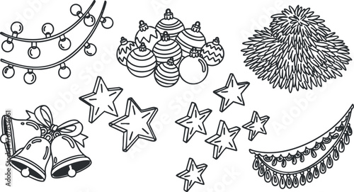 A collection of festive Christmas decorations including ornaments stars bells and lights in a hand-drawn style.