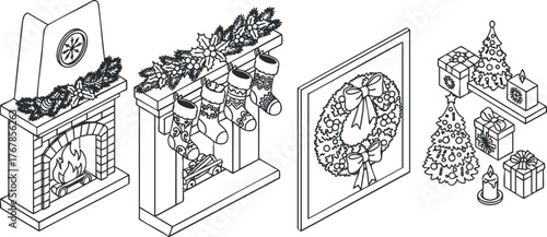 Illustration of a cozy Christmas scene featuring a fireplace, stockings, wreath, and gifts.