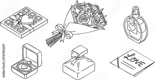 A romantic collection of gifts including roses, chocolates, perfume, and a love card.