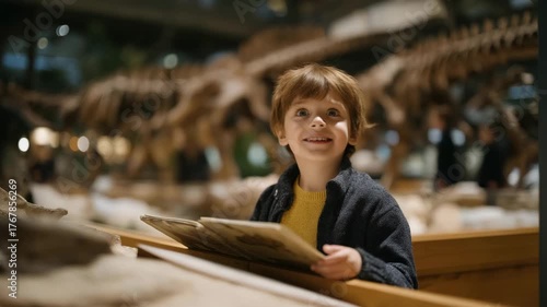 A child marvels at a dinosaur skeleton in a natural history museum, with bones towering, a guidebook open, parents snapping photos, and a fossil display nearby, presented in a awe-filled photo with