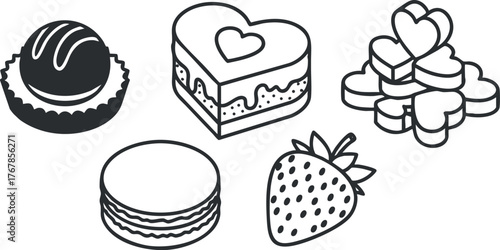 An assortment of delightful desserts including chocolate, cake, macarons, and strawberries.