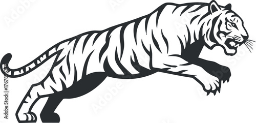 A stylized black and white illustration of a leaping tiger showcasing its agility and power.