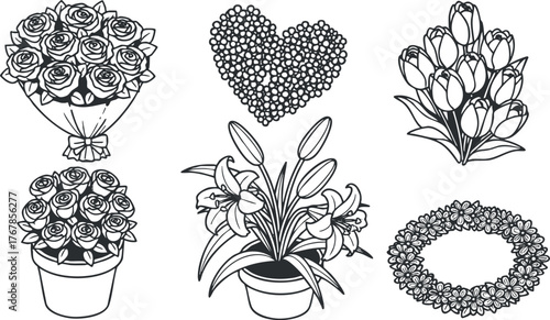 A collection of hand-drawn floral designs including bouquets and arrangements in black and white.