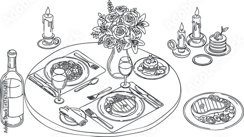 An elegant dinner table setting featuring gourmet food, wine, candles, and floral arrangement.