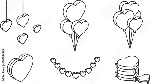 A collection of heart-shaped designs including balloons and hanging hearts for romantic themes.