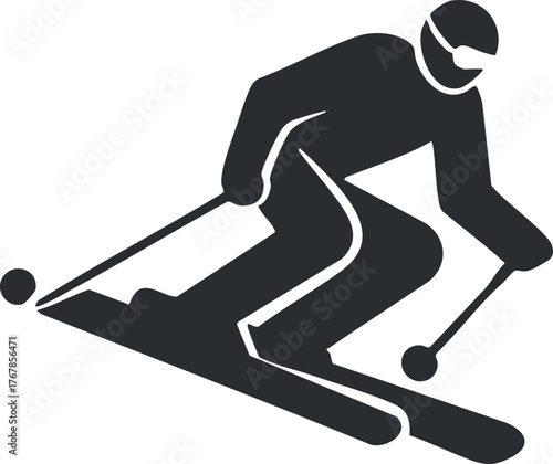 A dynamic silhouette of a skier in action on the slopes during winter sports.