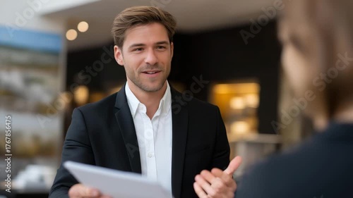 Agent handing brochure to potential buyer in a staged dining area, emotion of professionalism and engagement visible, symbolizing modern property marketing, client relationship building, and