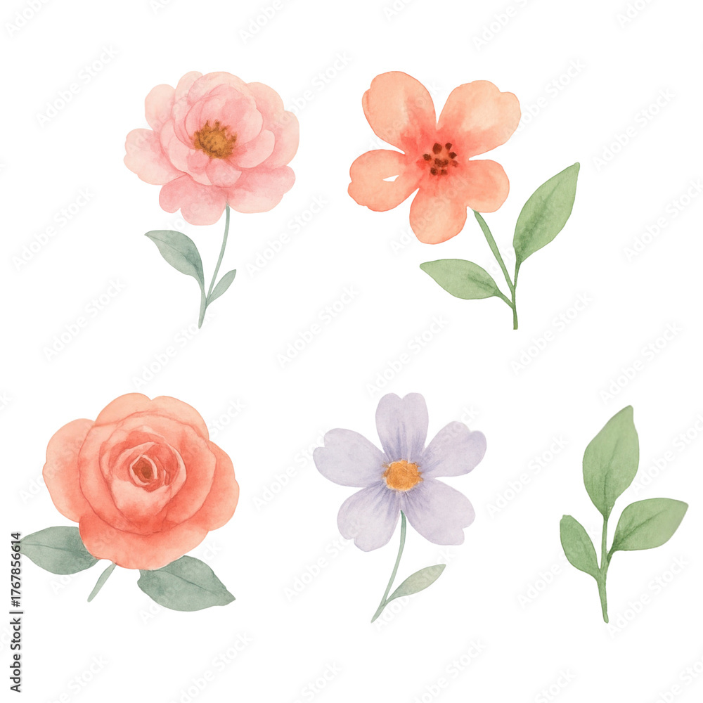 Fototapeta premium Beautiful Watercolor Flowers with Leaves for Design and Art Projects