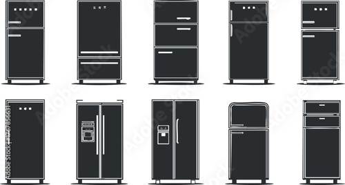 A collection of various refrigerator designs showcasing modern and retro styles for kitchen use.