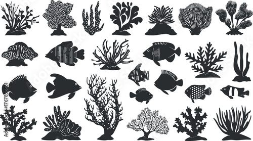 A collection of silhouettes featuring various fish and coral species in a marine ecosystem.