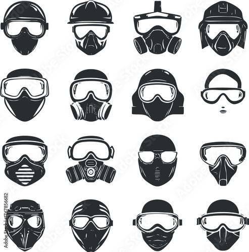 A collection of various safety masks and goggles for industrial and health protection.