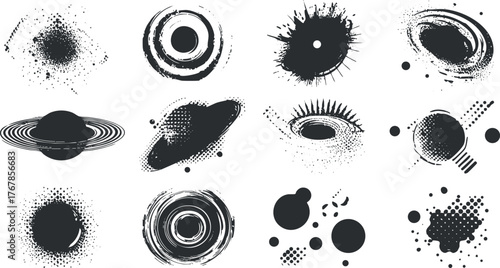 A collection of abstract black and white space-themed designs featuring galaxies, planets, and cosmic patterns.