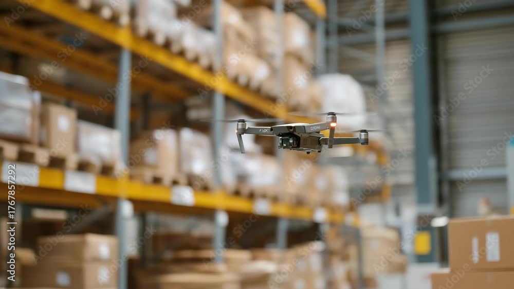 High-tech warehouse with autonomous drones flying between shelves ...