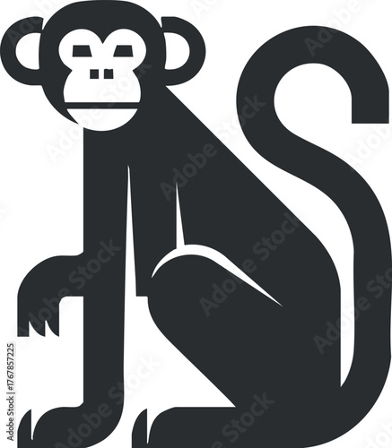 Stylized illustration of a sitting monkey in a black and white design.