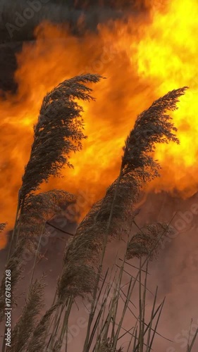 Slow motion video, the release of natural gas methane propane to the surface in the Ukrainian steppe near the village of Shebelinka, fire among tall grasses