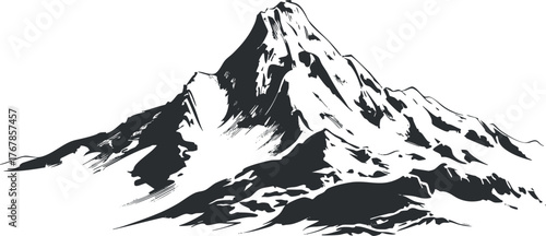 A stylized black and white illustration of a majestic mountain peak.