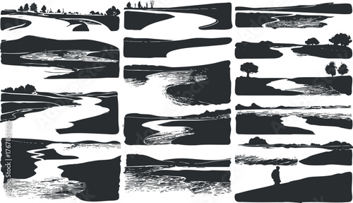 A collection of artistic river landscapes in silhouette style showcasing nature and tranquility.