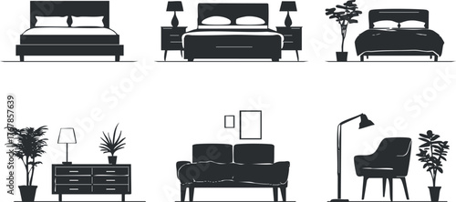 A collection of silhouette illustrations depicting various bedroom and living room furniture designs.