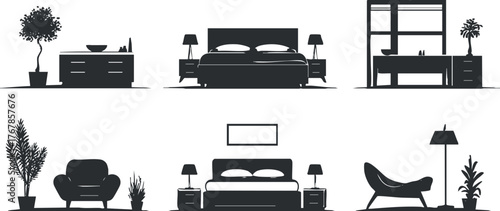 Stylized silhouettes of various furniture pieces in a modern home setting.