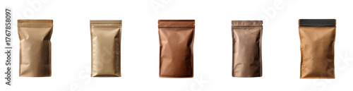 Quality coffee packaging showcasing five different bag designs in various shades of brown and gold