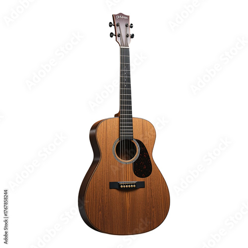 Classic acoustic guitar with wooden body and black pickguard isolated on transparent background