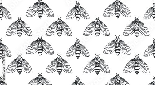 Stylized black and white pattern featuring bees in a symmetrical arrangement for creative design.