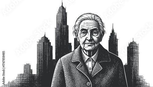 Illustration of an elderly man standing in front of an urban skyline with detailed buildings.