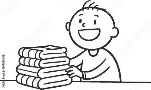 A cheerful child stacking clean towels in a playful and tidy indoor setting.