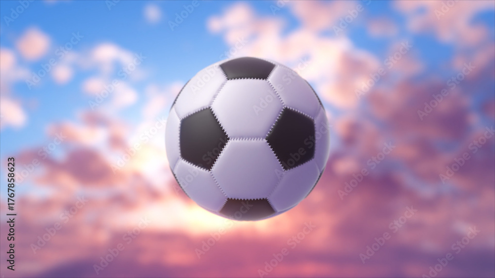 Naklejka premium Soccer ball floating against a dreamy sunset sky of pink, orange and blue clouds, evoking sport, motion and victory. 3d rendering