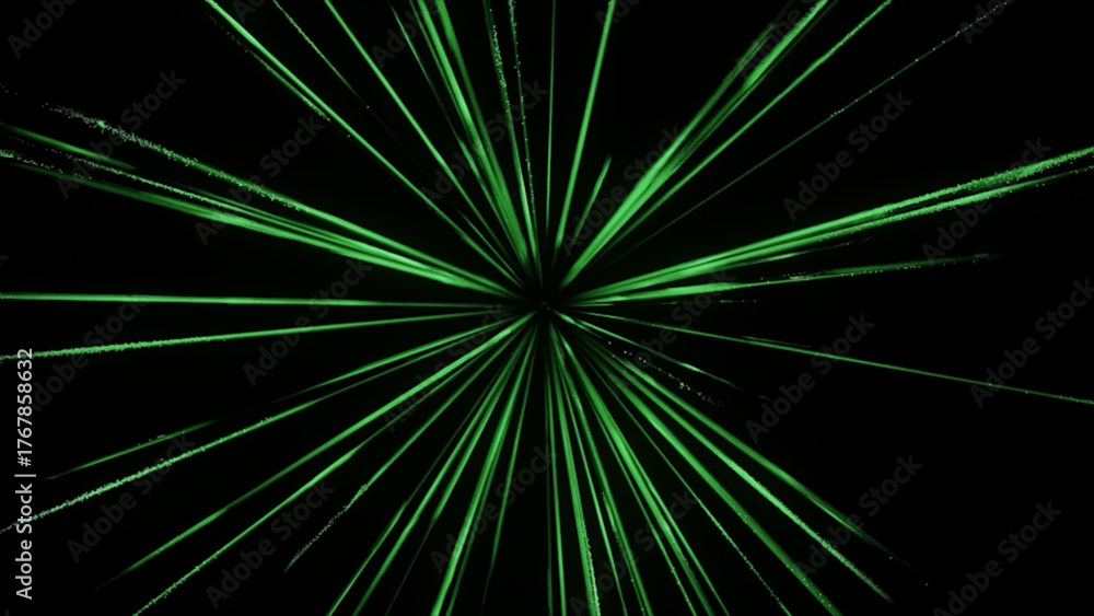 Fototapeta premium Green light rays radiating from a central point, creating an abstract background with an energetic and dynamic feel, symbolizing data, speed, or a cosmic burst. 3d rendering
